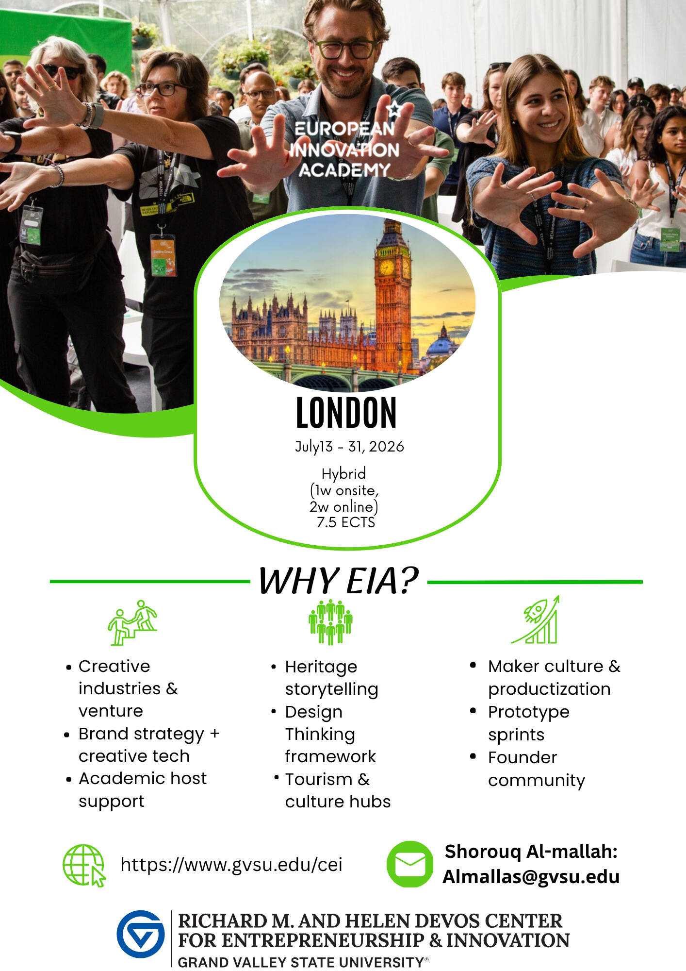 European Innovation Academy one-pager about their three week hybrid London study abroad program